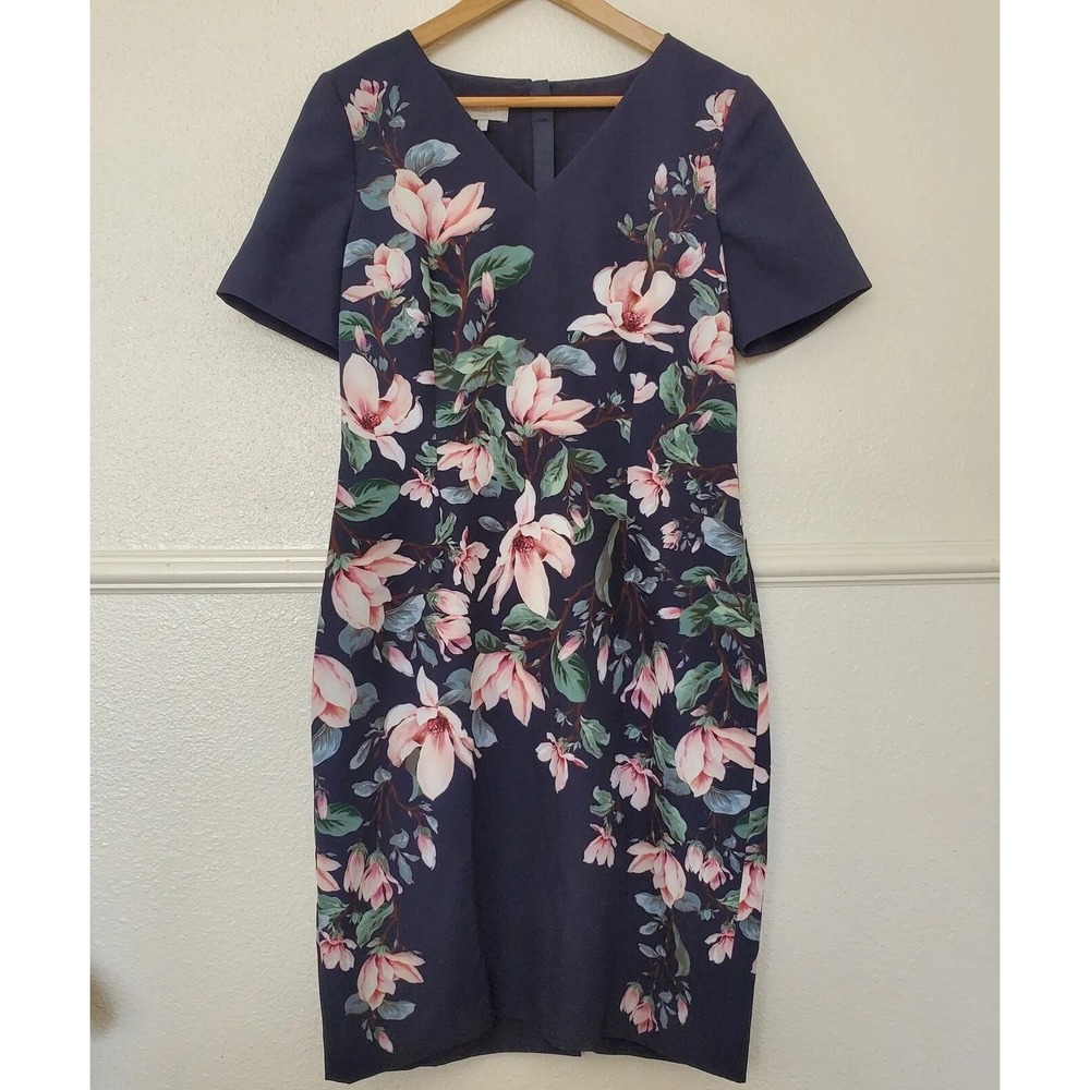 Hobbs Astrae Navy Pink Floral Sheath Dress V Neck Work Occassion Women's Size 8